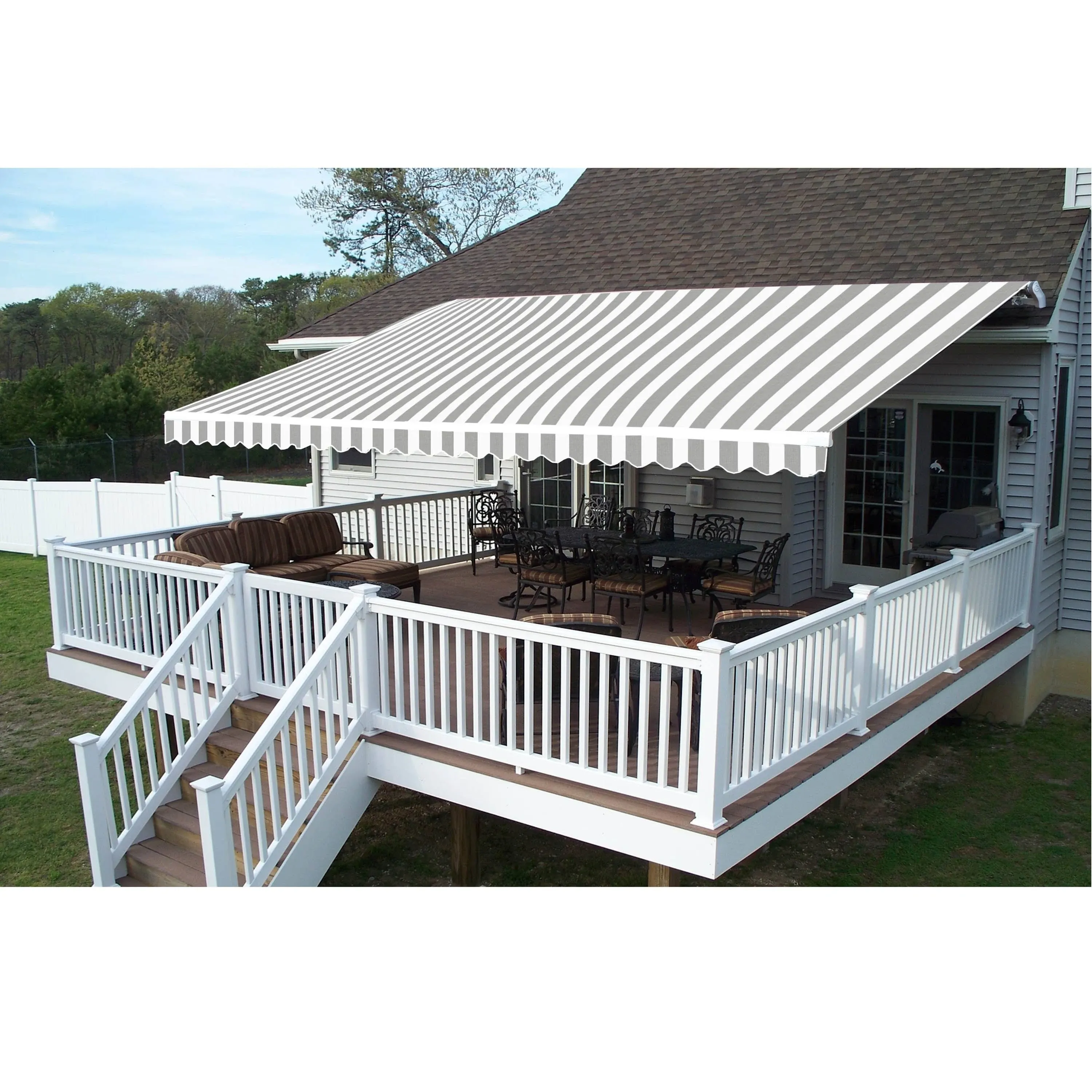 ALEKO Outdoor Grey / White Striped 12X10 ft Retractable Patio Canopy Awning