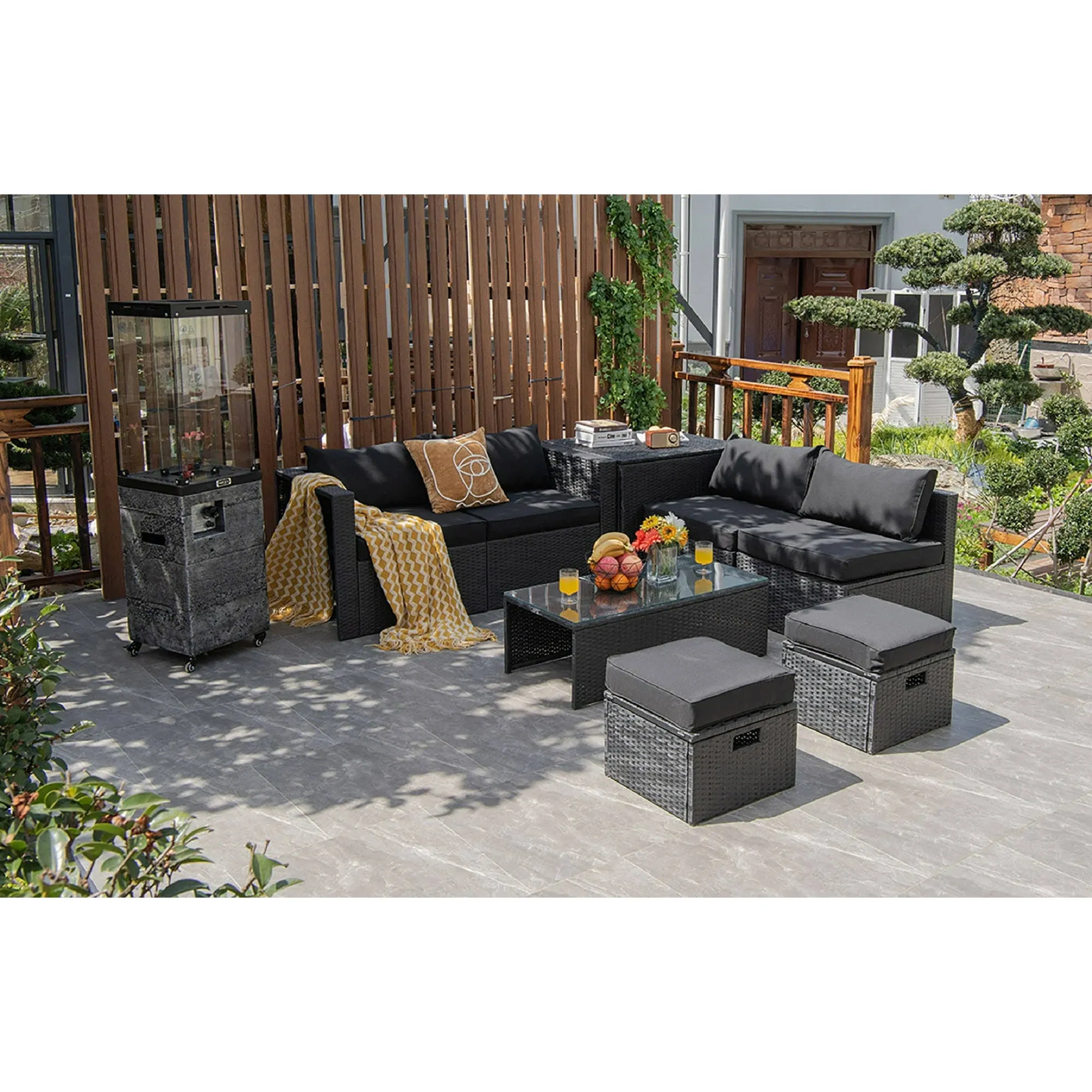 Costway 8PCS Patio Rattan Furniture Set Storage Table Ottoman Black