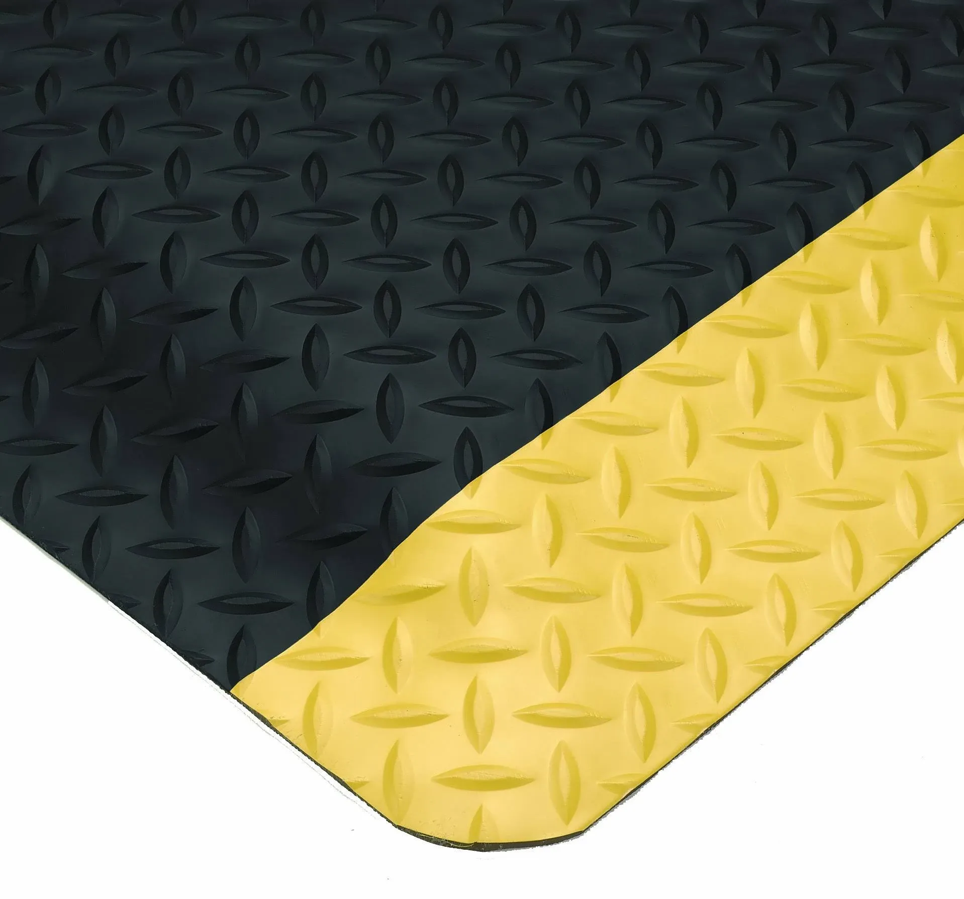 Wearwell Diamond-Plate Select Mat - Black/Yellow. Anti-Fatigue Workstation Mat. 3' W x 5' L x 9/16" Thickness. PVC Vinyl Surface with PVC Sponge. For Dry Industrial Use (495.916x3x5BYL)