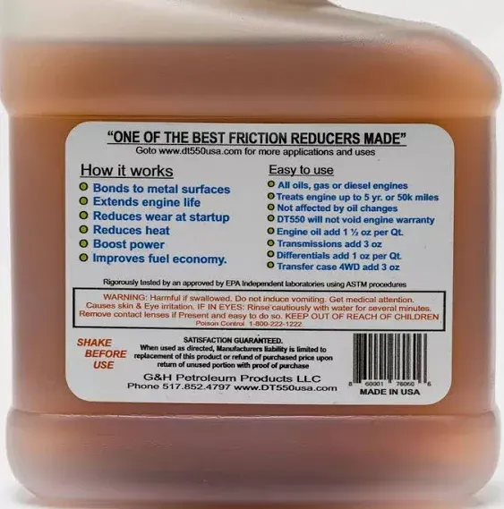 DT550 Friction Reducer; Friction Modifier Quart 32 oz, for Use with Engines, Fuel Economy, Bearings, and Everyday Household Appliances