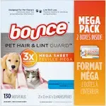 Bounce Pet Hair and Lint Guard Mega Dryer Sheets, 3X Pet Hair Fighters, Unscented, 130 Count