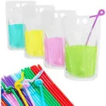 FULLSEXY 100 Pcs Drink Pouches for Adults Clear Juice Pouches Hand-held Reusable Drink Pouches with Straws Funnel Smoothie Heavy Duty Drink Bags