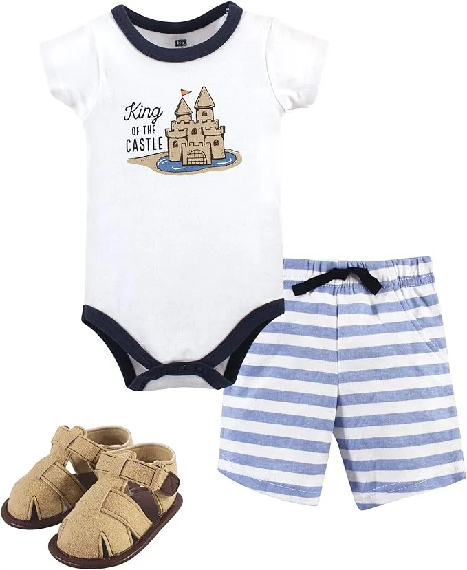 Hudson Baby Bodysuit, Shorts and Shoe Set, 3-Piece Set, Sandcastle