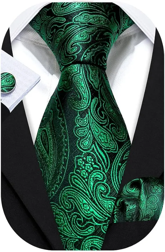 Barry.Wang Men Ties Paisley Woven Silk Necktie Set with Pocket Suqare Cufflinks Formal