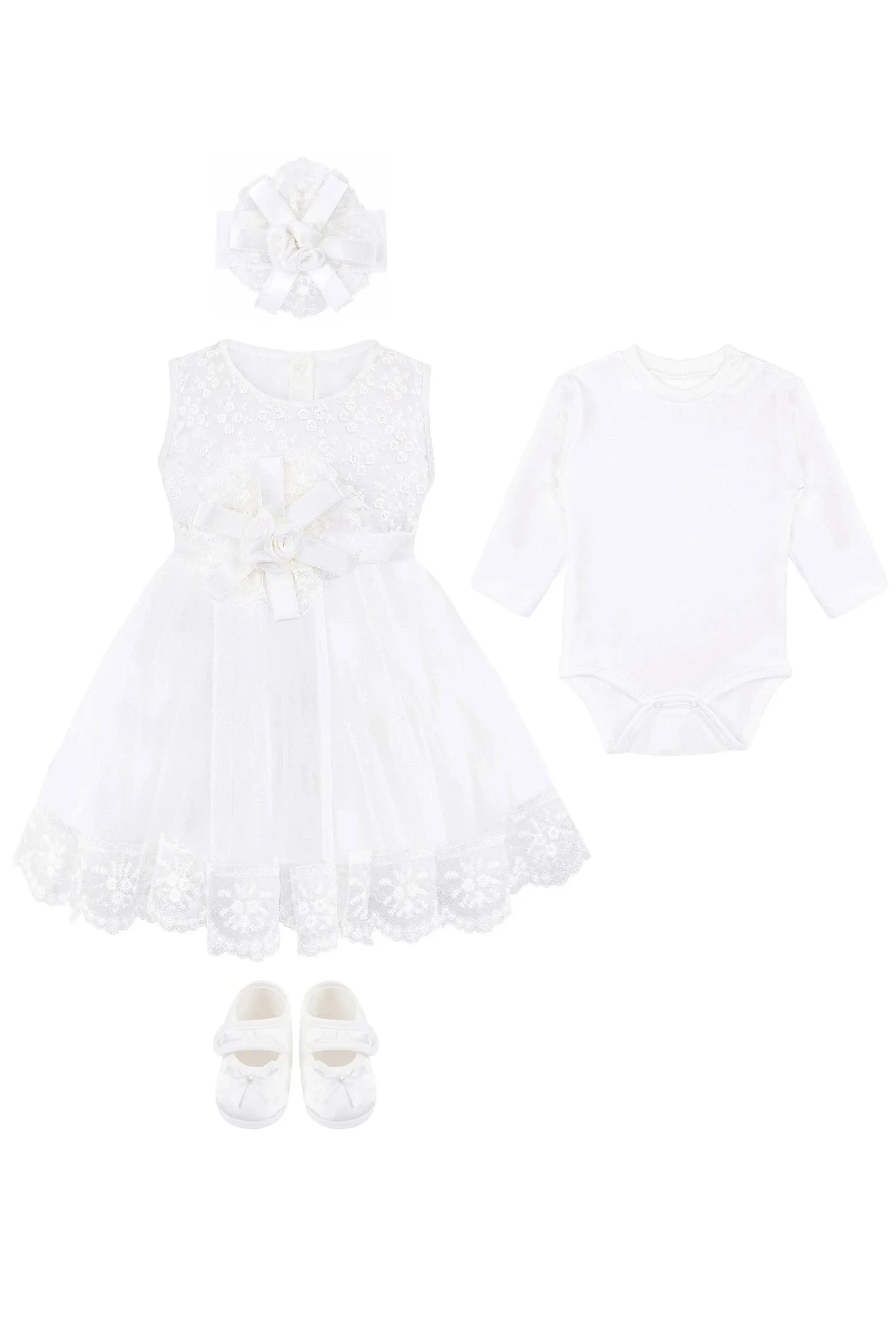 Lilax Baby Girl Newborn Christening Baptism Lace White Dress Gown 4 Piece Deluxe Set 0-3 Months