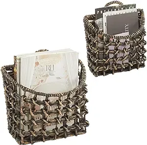 mDesign Woven Water Hyacinth Hanging Wall Storage Basket - Set of 2 - Black Wash