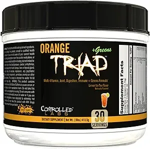 CONTROLLED LABS Orange Triad Plus Greens for Men and Women, 30 Servings Iron Free Sports Supplement for Overall Health, Multivitamin, Digestion, Immune System, and Joint Health