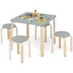 INFANS Kids Wooden Table and Stool Set, 5-Piece Activity Table with 4 Stools, Children Natural Furniture Set