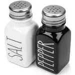 Heartland Home Farmhouse Ceramic Salt and Pepper Shakers Set with Extra Lids. 100% Stoneware Salt and Pepper Shaker Set. Black Pepper and White