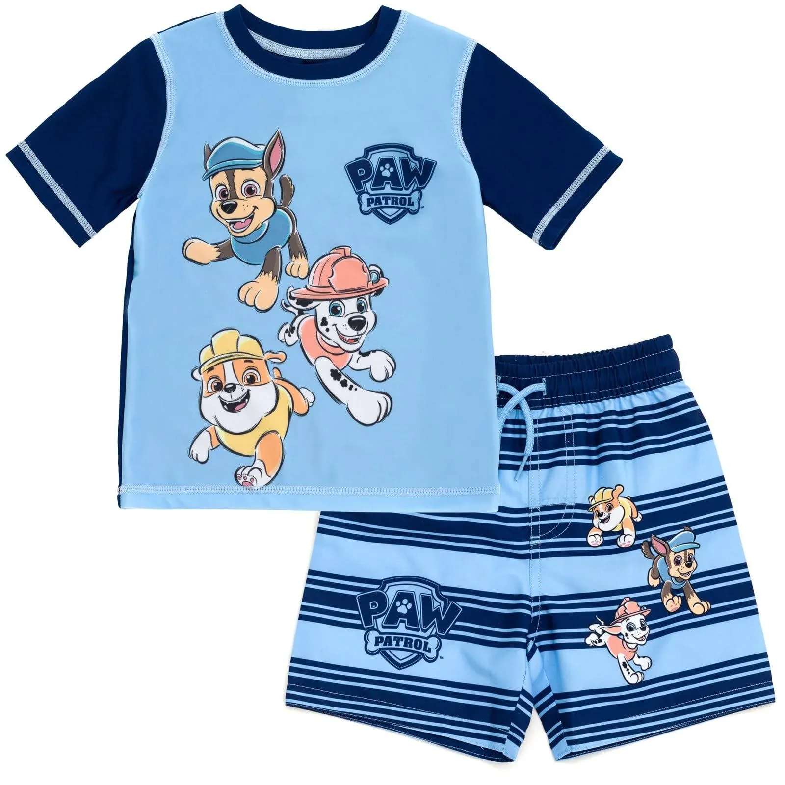 Paw Patrol UPF 50+ Rash Guard Swim Trunks Outfit Set Toddler to Little Kid Sizes (2T - 7)