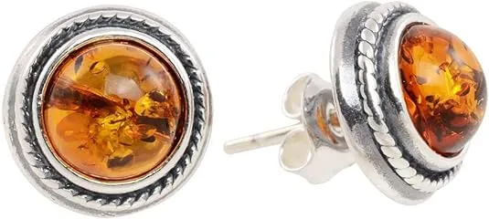 Amber Earrings - GIA Certified 925 Round Baltic Honey Amber Stud Earrings - Sterling Silver Jewelry Collection