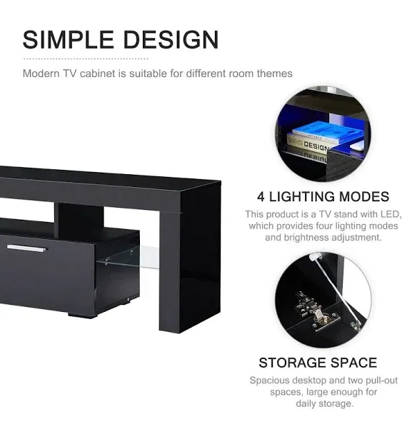 Nrizc Black LED TV Stand for 75 Inch TV, High Gloss TV Entertainment Center with Storage Drawer, TV Console Table for Living Room, Bedroom