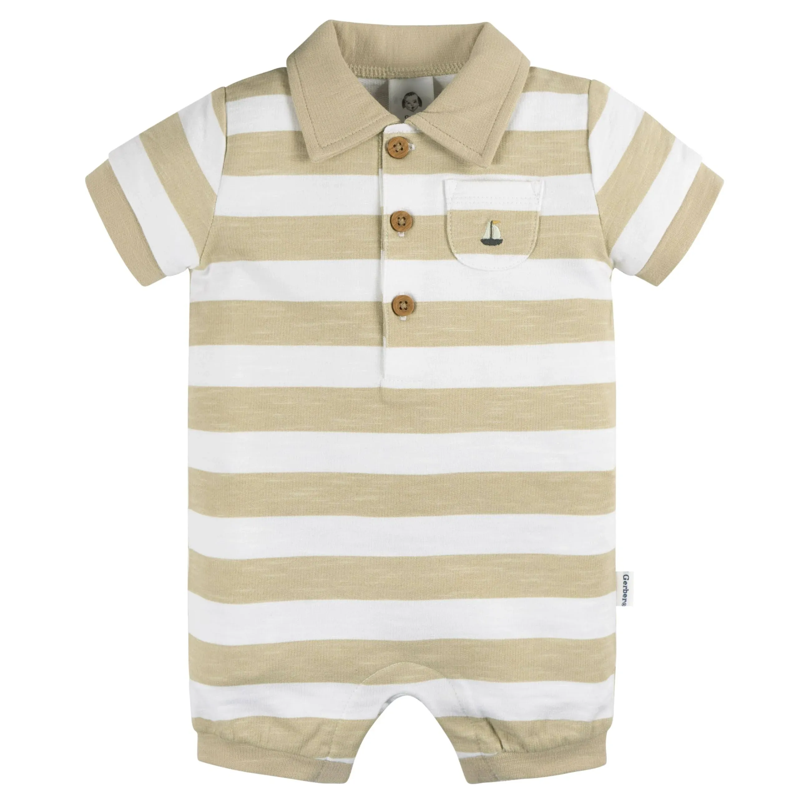 Gerber Baby Boys Tan Stripe Collared Romper - 6-9mo