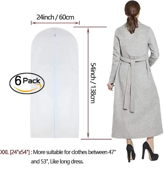 HomeClean Garment Bag Clear 24'' x 54'' Long Dress Garment Bags White Breathable Full Zipper Dust Cover for Clothes Storage Closet Pack of 6