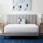 Lucid Queen Bedframe with Vertical Channeled Headboard — Upholstered Platform Bed — Easy Assembly — Queen Size — No Box Spring Needed — Stone Color