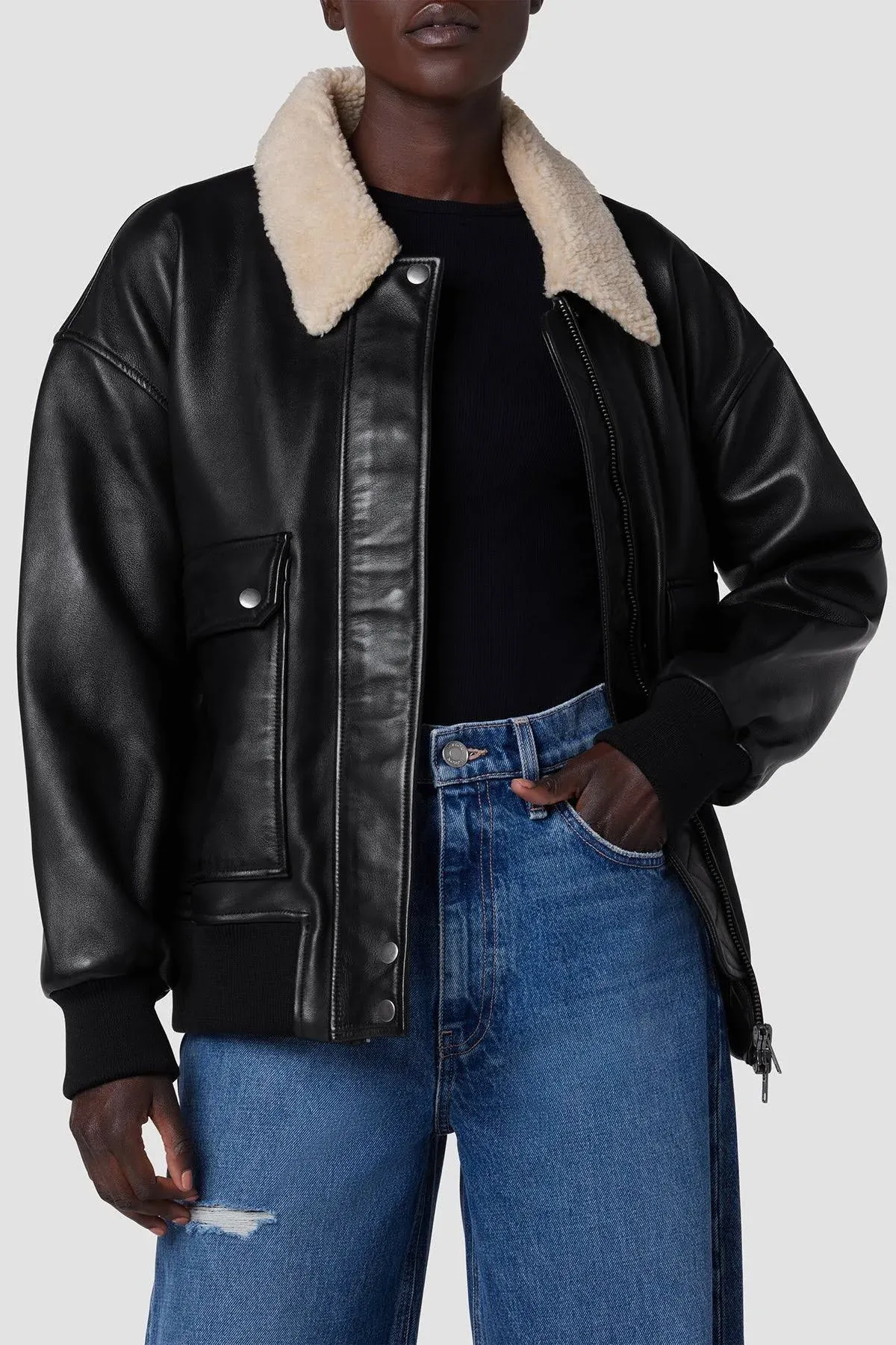 Hudson Jeans Women's Oversized Leather Bomber Jacket - Black - Size XL