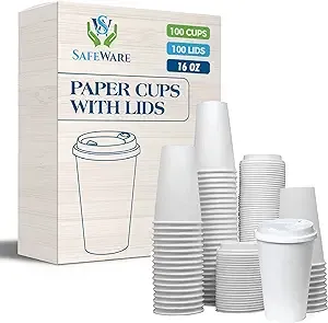 16 oz100 Set Togo Disposable White Paper Coffee Cups with Lids.Tea | Coffee |