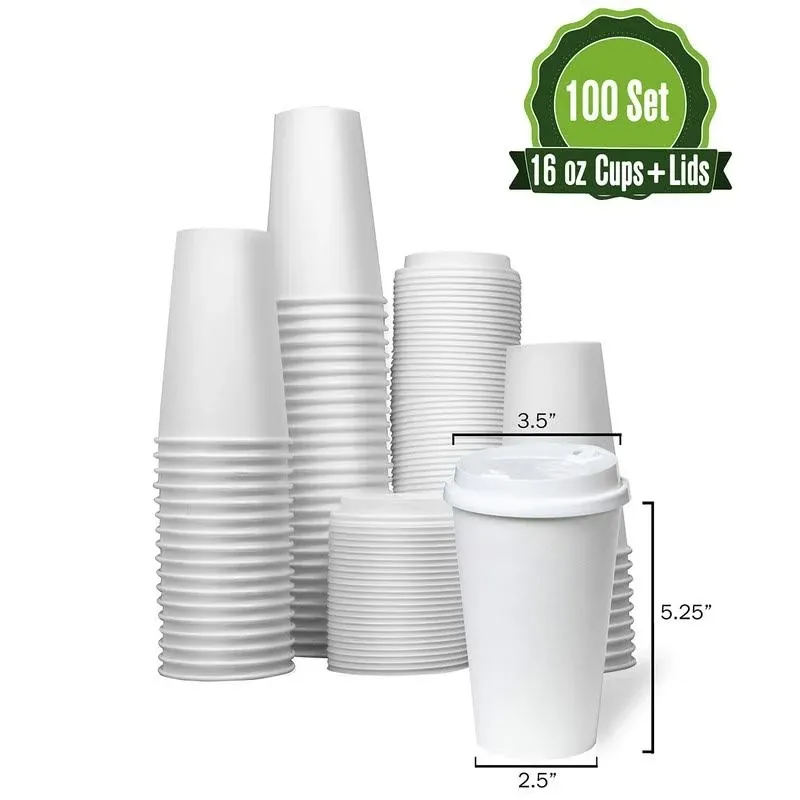 16 oz[100 Set] Togo Disposable White Paper Coffee Cups with Lids.Tea | Coffee |