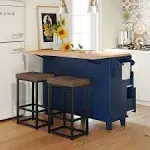 Polibi 3-Piece Kitchen Island Set with Drop Leaf Table and 2 Stools, 5 Drawers, Dining Table Set with Storage Cabinet, Drawers and Towel Rack,Blue