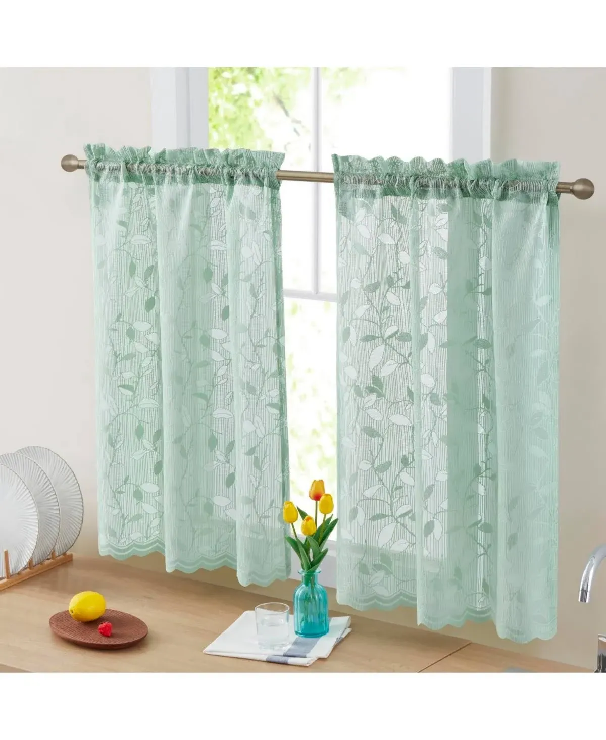 Joyce Lace Sheer Kitchen Cafe Curtain Tiers For Small Windows, Kitchen & Bathroom In Seafoam Green