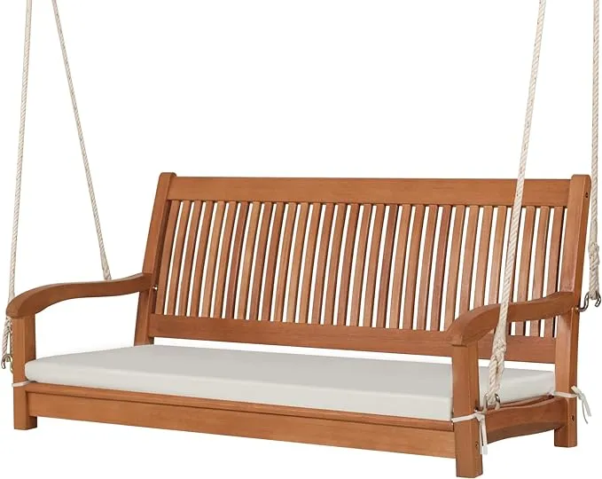 Tangkula 2 Person Hanging Porch Swing, Outdoor Bench Swing with Hanging Ropes, High Back, Cozy Armrests, Heavy Duty 800Lbs Wooden Hanging Swing Chair with Cushion for Backyard, Deck, Garden Natural