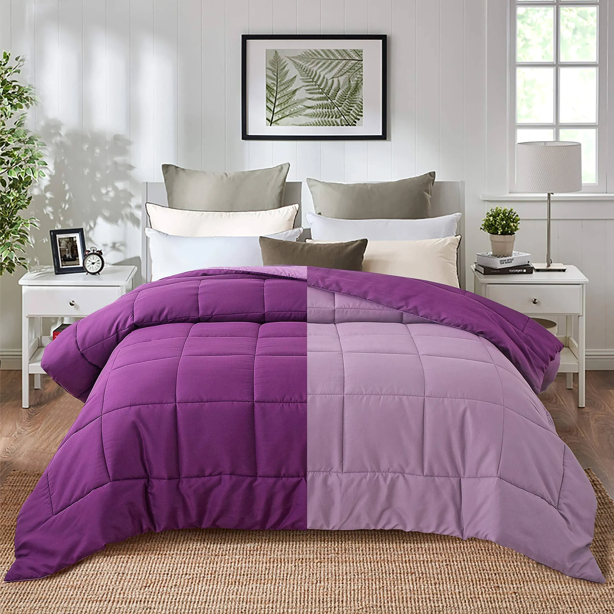 Evolive All Season Pre Washed Soft Microfiber Down Alternative Reversible Comforter with Box Stitching (Purple/Lavender, Full/Queen)