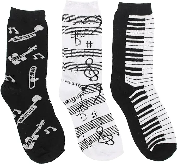 Girl's Black White Music Notes, Piano Keys, Instruments Crew Socks, (3Pr)