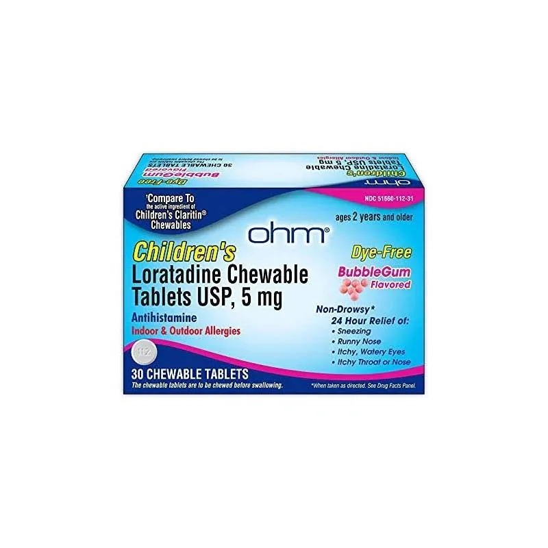 Ohm Children’s Chewable Tablets, Dye Free, Bubblegum, Non-Drowsy 24H Relief of ...