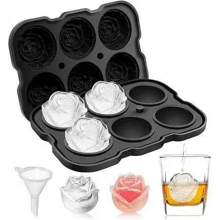 Mikiwon 2 inch Rose Ice Cube Trays with Covers, 6 Cavity Silicone Rose Ice Ball Maker, Easy Release Large Ice Cube Form for Chilled Cocktails, Whiskey