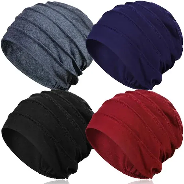 4 Pieces Cotton Slouchy Chemo Beanies, Black+light Grey+wine Red+navy 