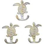 Distressed White Sea Turtle Cast Iron Wall Hook, Yellow Accents, Wall Décor, Set of 3, 4 3/4 Inch