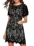 Mslg Rehearsal Dinner Dress for Women with Sleeves Graduation Wedding Guest Cocktail Party Flower Lace Flowy for Ladies 910 (M, Black White)