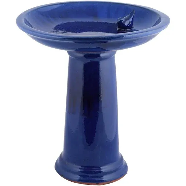 Esschert Design Bird Bath on Pedestal w/Bird, Ceramic, Blue