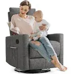 Sweetcrispy Swivel Rocking Rocker Recliner, Glider Nursery Chair for Living Room with Extra Large Footrest, High Back, Upholstered Deep Seat (Light