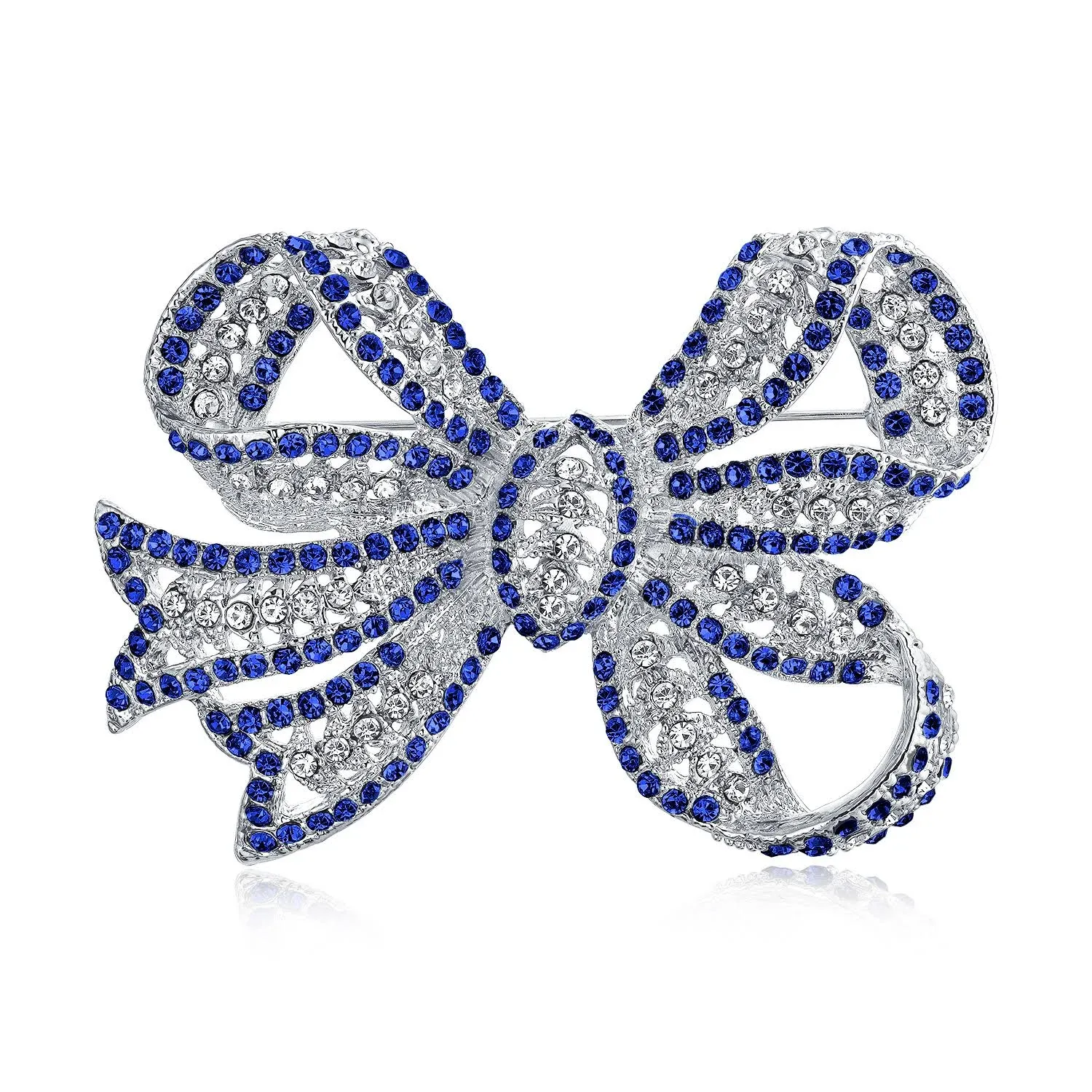 Large Bow Ribbon Crystal Wedding Bridal Brooch Pin Rose Silver Plated - Blue