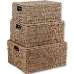 Trademark Innovations Set of 3 Rectangular Seagrass Baskets with Lids, Natural (Large)