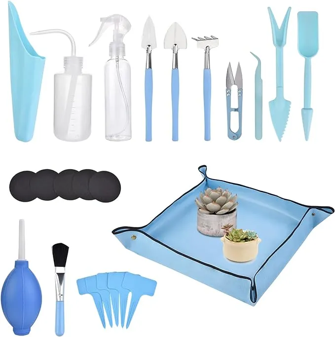 23 Pcs Succulent Tools, Mini Garden Tools0001 Set, Miniature Succulent Hand Tools with Plant Potting Tarp Mat, Transplanting Tool Kit for Indoor Outdoor Mini Fairy Garden Plant Care (Blue)