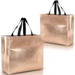 Nush Nush Rose Gold Gift Bags Large Size - Set of 12 Stunning Reusable Rose Gold Gift Bags with Glossy Finish & Black Handles - Goodie Bags for