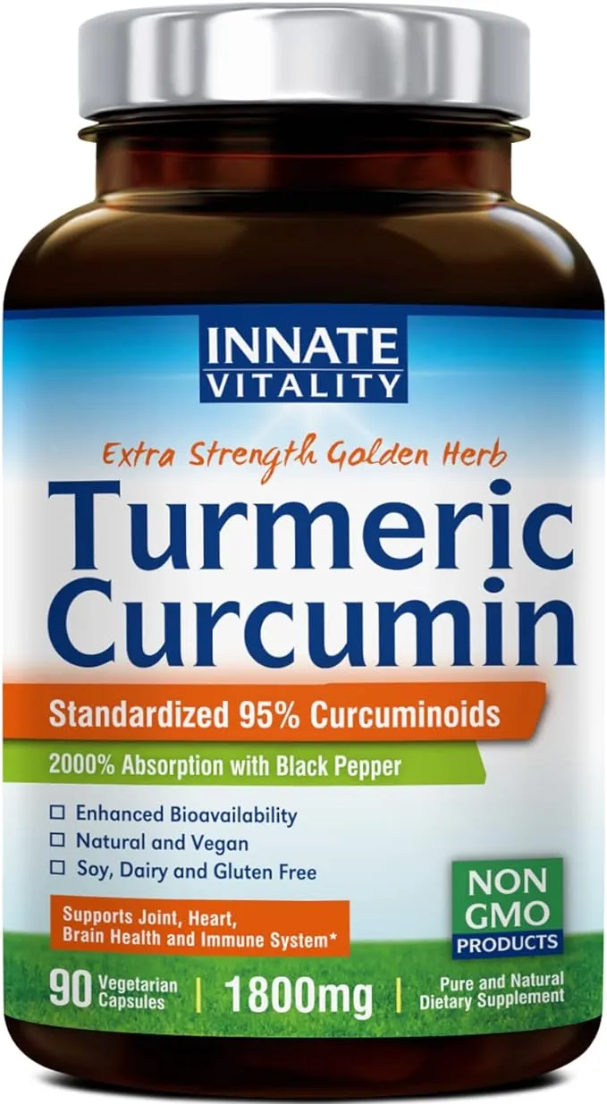 Innate Vitality Turmeric Curcumin, 1800mg per Serving, Turmeric Curcumin Supplement, 95% Curcuminoids, Advanced Absorption with Black Pepper, Non-GMO,