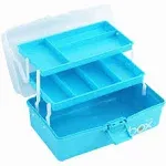 Kinsorcai 12'' Three-Layer Clear Art Box Organizer, Multipurpose Plastic Craft Box Organizer, Art Supply Storage Box/Sewing Box/Tool Box with Handle (Blue)