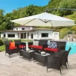 Costway 8pcs Rattan Patio Furniture Set Cushioned Sofa Chair Coffee - See Details - Red