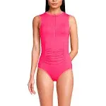 Lands' End Women's Chlorine Resistant High Neck Zip Front One Piece Swimsuit - 4 - Rouge pink/wood Lily