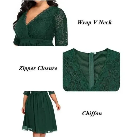 Pinup Fashion Plus Size Lace Chiffon Wrap V Neck Dresses Women Cocktail Wedding Guest Midi Dress