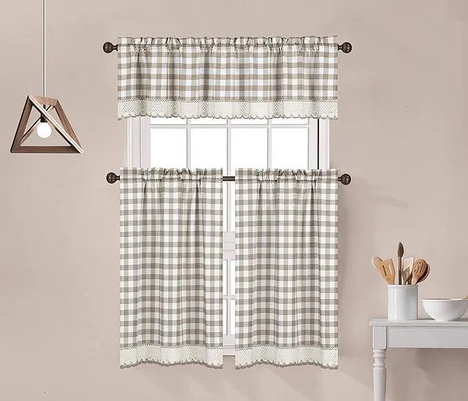 Decotex 3 Piece Buffalo Check Plaid Gingham Crochet Lace Trimmed Kitchen Window Curtain Tiers & Valance Set (24" Tiers with 14" Valance, Black/White)