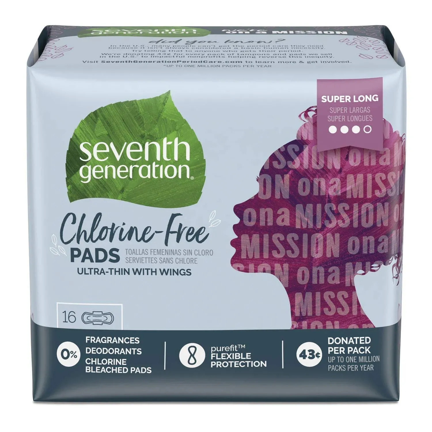 Seventh Generation Chlorine-Free Ultra Thin Pads with Wings, Super Long, 16/Pack, 6 Packs/Carton