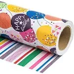 WRAPAHOLIC Birthday Reversible Wrapping Paper - Mini Roll - 17 inch x 33 Feet - Colorful Balloon with Confetti Design for Birthday, Holiday, Party,