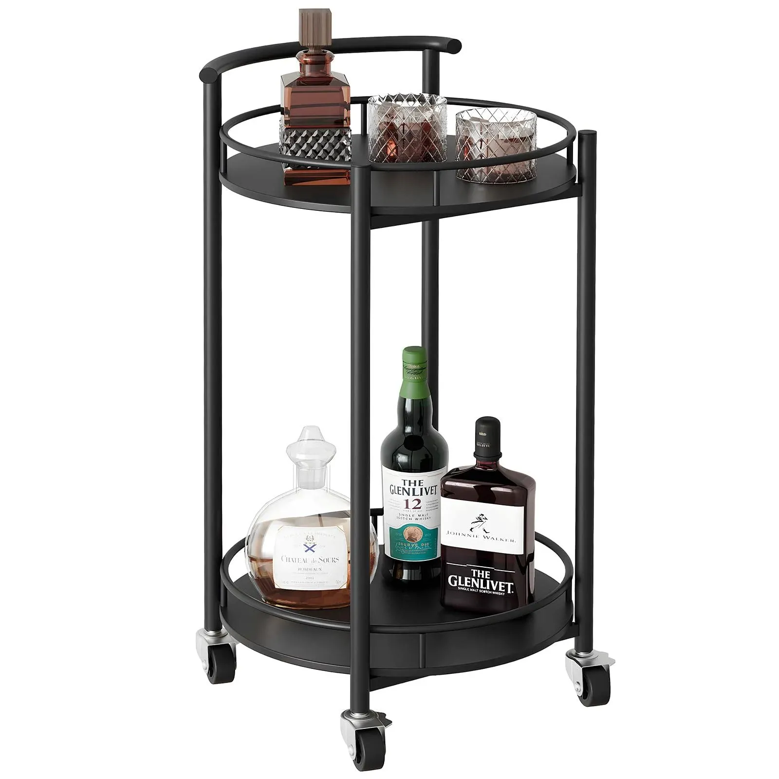 Bar Cart Black Rolling Cart for Home,2 Tiers Bar Serving Cart Round Wine Cart...