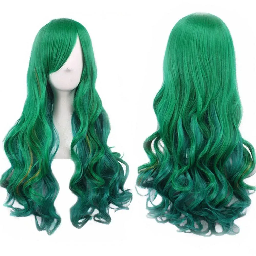 Curly green long Women’s wig with bangs