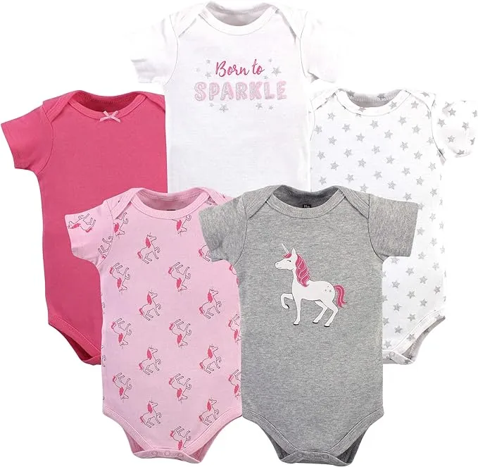 Hudson Baby Infant Girl Cotton Bodysuits 5pk, Pink Unicorn