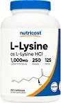 Nutricost L-Lysine 1000mg 250 Capsules - 500mg per Cap Gluten Free Non-GMO